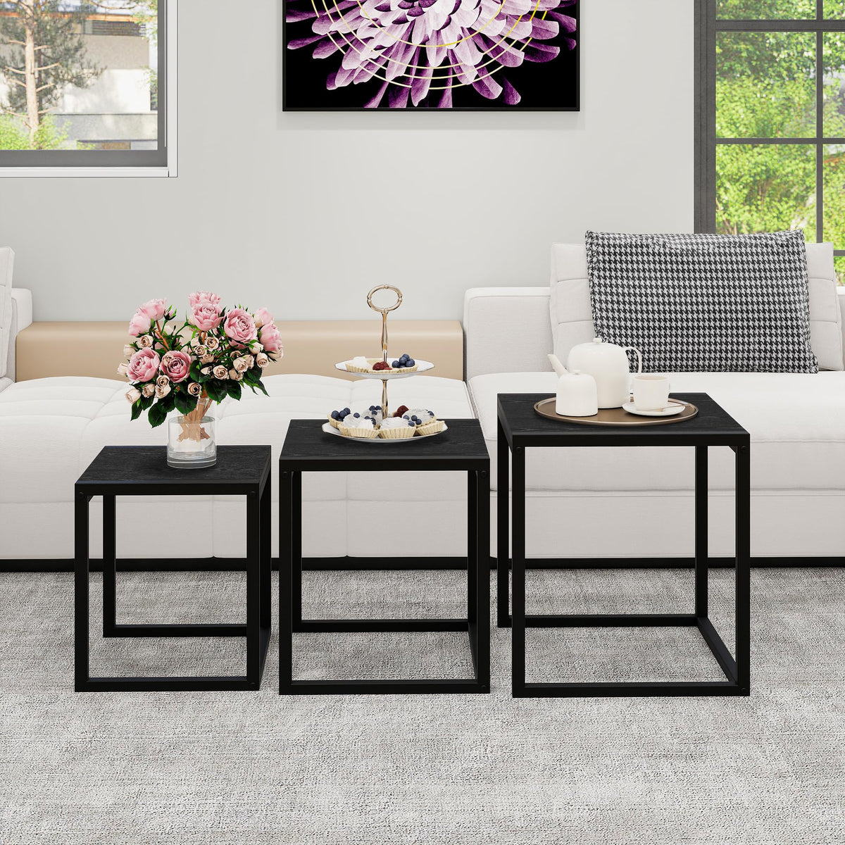 HAHRIR Nesting Coffee Table Set of 3, Stacking Metal Side Tables, Black