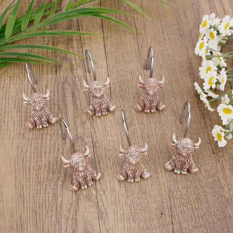 Fukaisu 12pcs Highland Cow Shower Curtain Hooks, Rustic Western Highland Cow Bathroom Shower Curtain Hooks Cute Resin Hangers Suitable for Bathroom