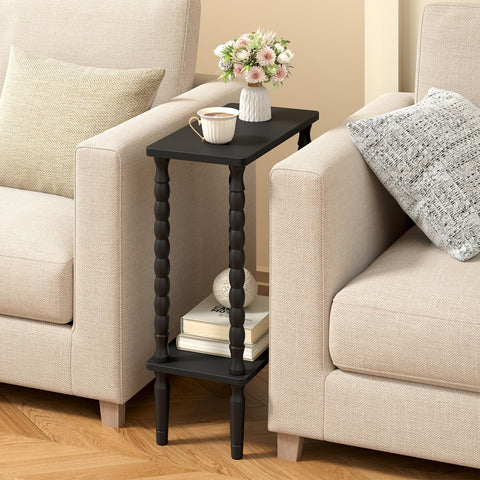 TUTOTAK Narrow Side Table, 2-Tier Small End Table with Storage, Slim Skinny Nightstand for Small Spaces, Living Room, Bedrooms, Black TB01BK001EU