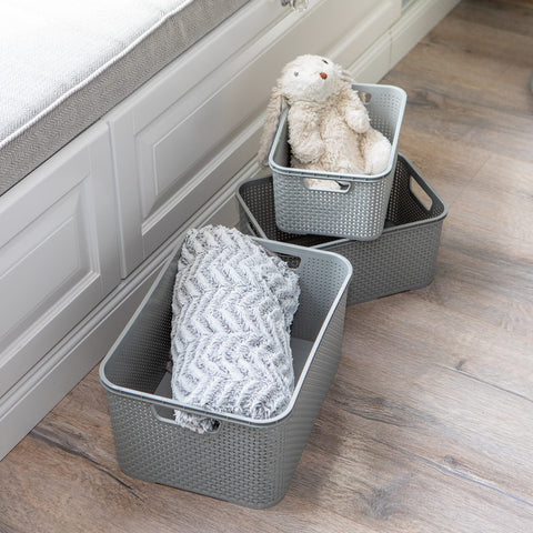 BranQ - Home essential Basket in Rattan Design Set of 3 Large 19 L BPA- Plastic PP Light Grey 38 x 27.8 x 18.5 cm