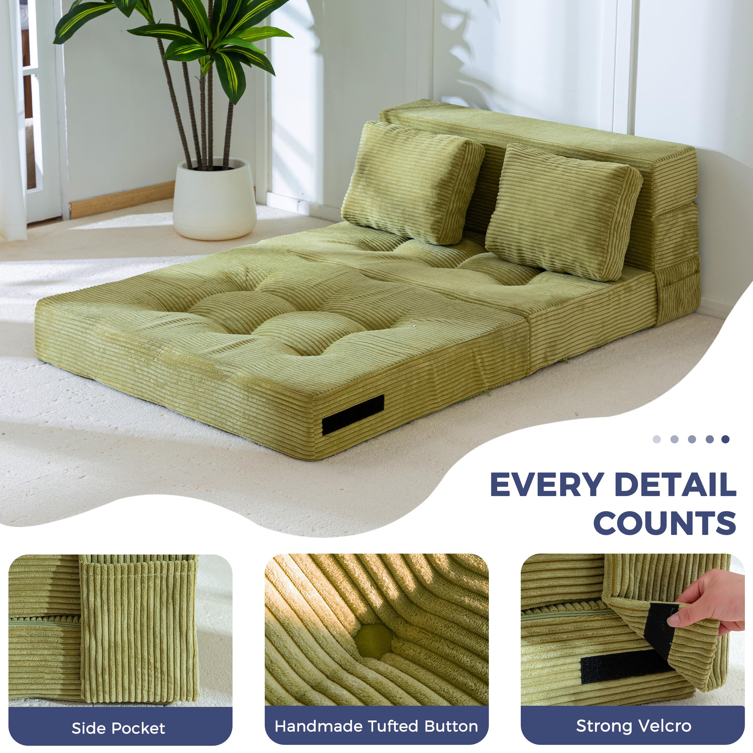 MAXYOYO Folding Foam Sofa Bed, Tri-Fold Mattress with 2 Pillows, Convertible Sofa Chair Futon Z Bed with 15cm Thincken Foam