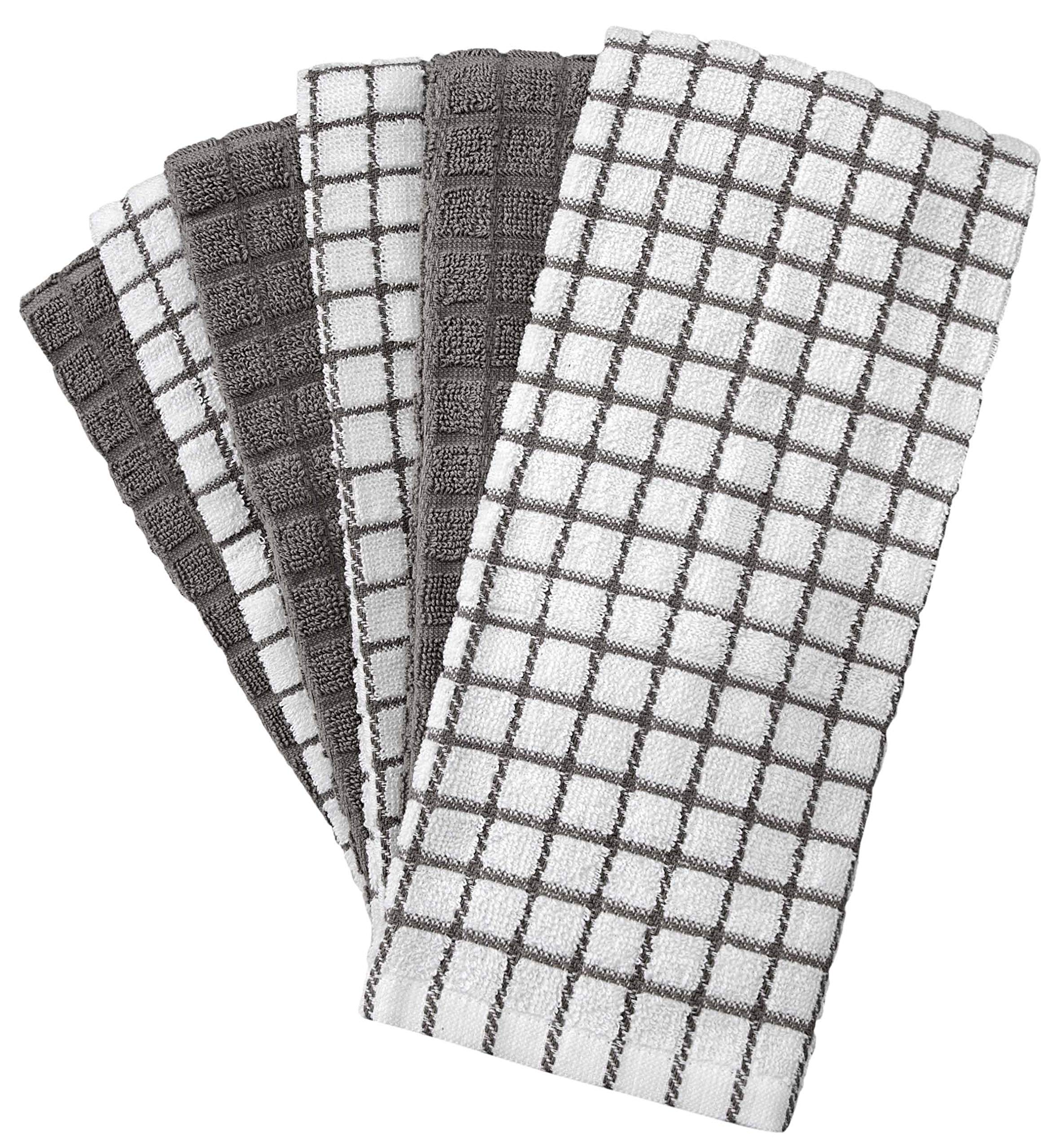 Bumble Kitchen Towels 16"x 28" | Highly Absorbent Dish Towels with Hanging Loop | Natural Ring Spun Cotton, 380 GSM | Gray Check Design - 6 Pack