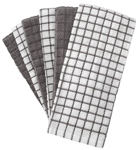 Bumble Kitchen Towels 16"x 28" | Highly Absorbent Dish Towels with Hanging Loop | Natural Ring Spun Cotton, 380 GSM | Gray Check Design - 6 Pack