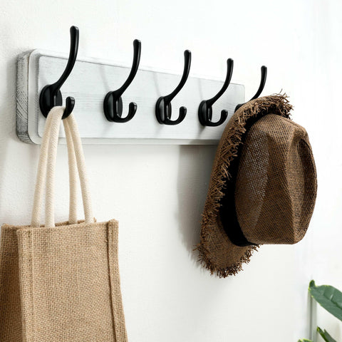SKOLOO Farmhouse Style Wall Mounted Coat Rack, Pine Solid Wood Coat Hook Hanger - 5 Hooks for Hanging Clothes Robes Towels Coats