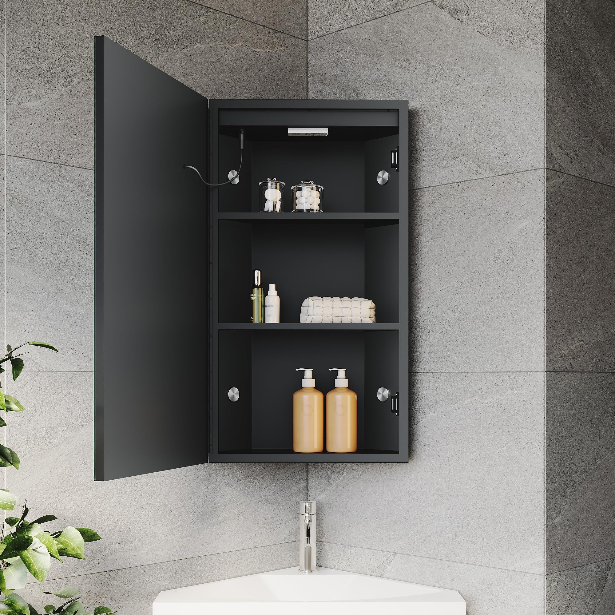 ELEGANT LED Bathroom Mirror Cabinet with Shaver Socket, 3 Storage Shelves, Demister, Three Color Temperature, Infinitely Dimmable, 385x700mm Black