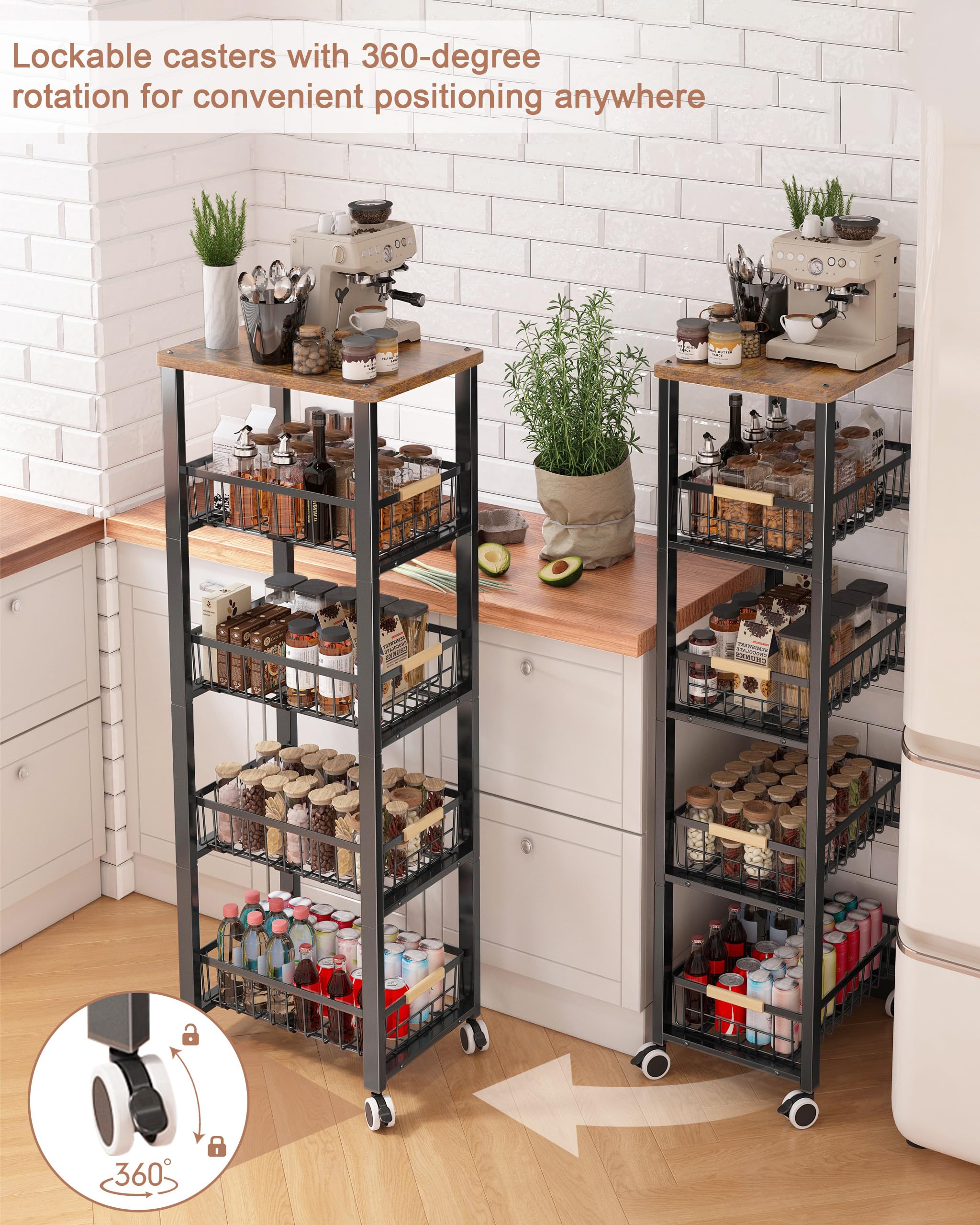 Ornestia 5-tier Vegetable Rack with Wooden Top for Kitchen Storage（Black
