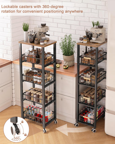 Ornestia 5-tier Vegetable Rack with Wooden Top for Kitchen Storage（Black
