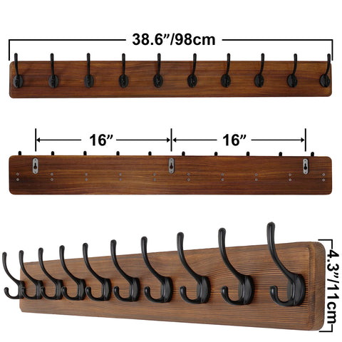 SKOLOO Farmhouse Style Wall Mounted Coat Rack, Pack of 2, Pine Solid Wood Coat Hook Hanger - 10 Hooks for Hanging Clothes Robes Towels Coats