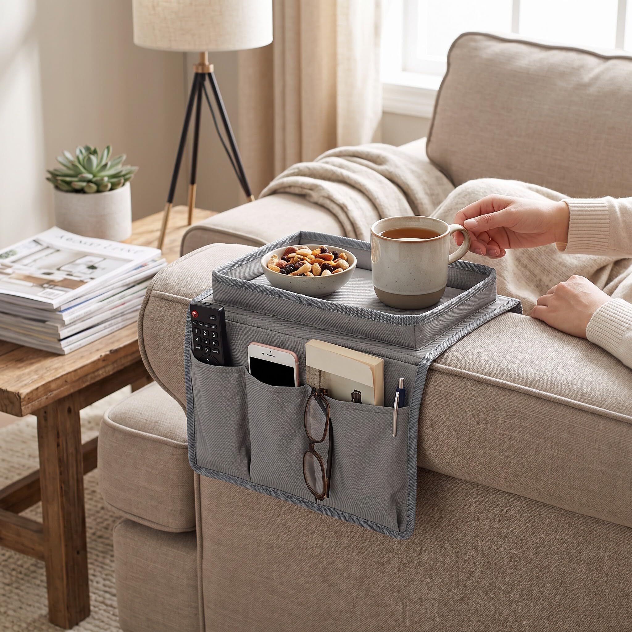Ejoyous Sofa Armrest Organizer, 4 Pockets Couch Bag for TV Remote Control, Oxford Cloth Armchair Storage with Cup Holder Tray (Gray)