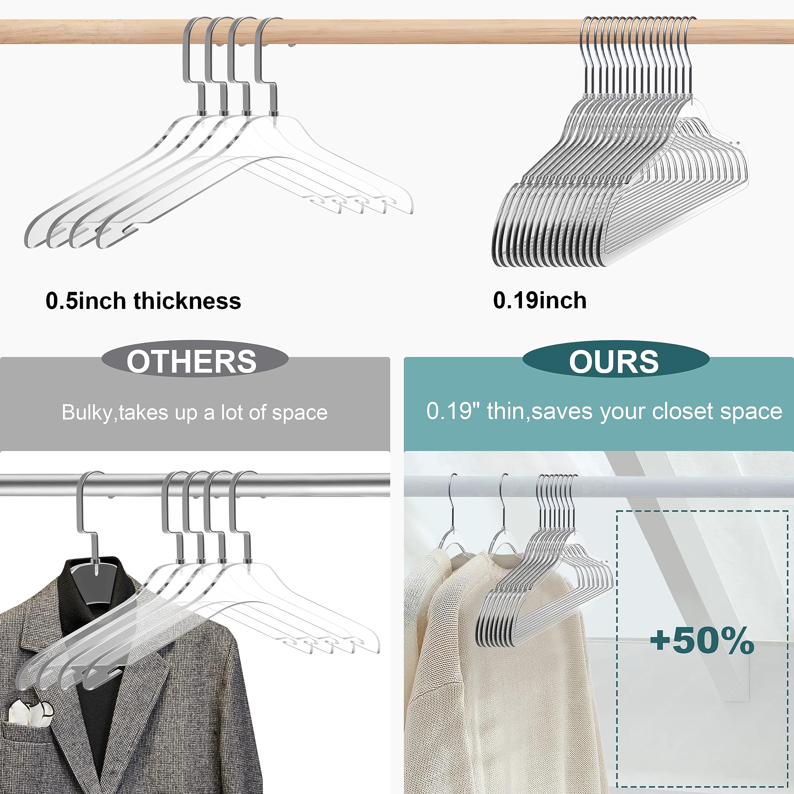 Quality Hangers Clear Plastic Hangers for Clothes | 50 Pack - 16.5 Inch | Heavy Duty Hangers Space Saving Crystal Clear Acrylic Hangers