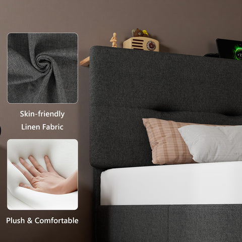 Feonase 3ft Single Bed Frame with Storage Linen Headboard, Upholstered Single beds with Charging Station, Sturdy Wooden Slat Support, Easy Assembly