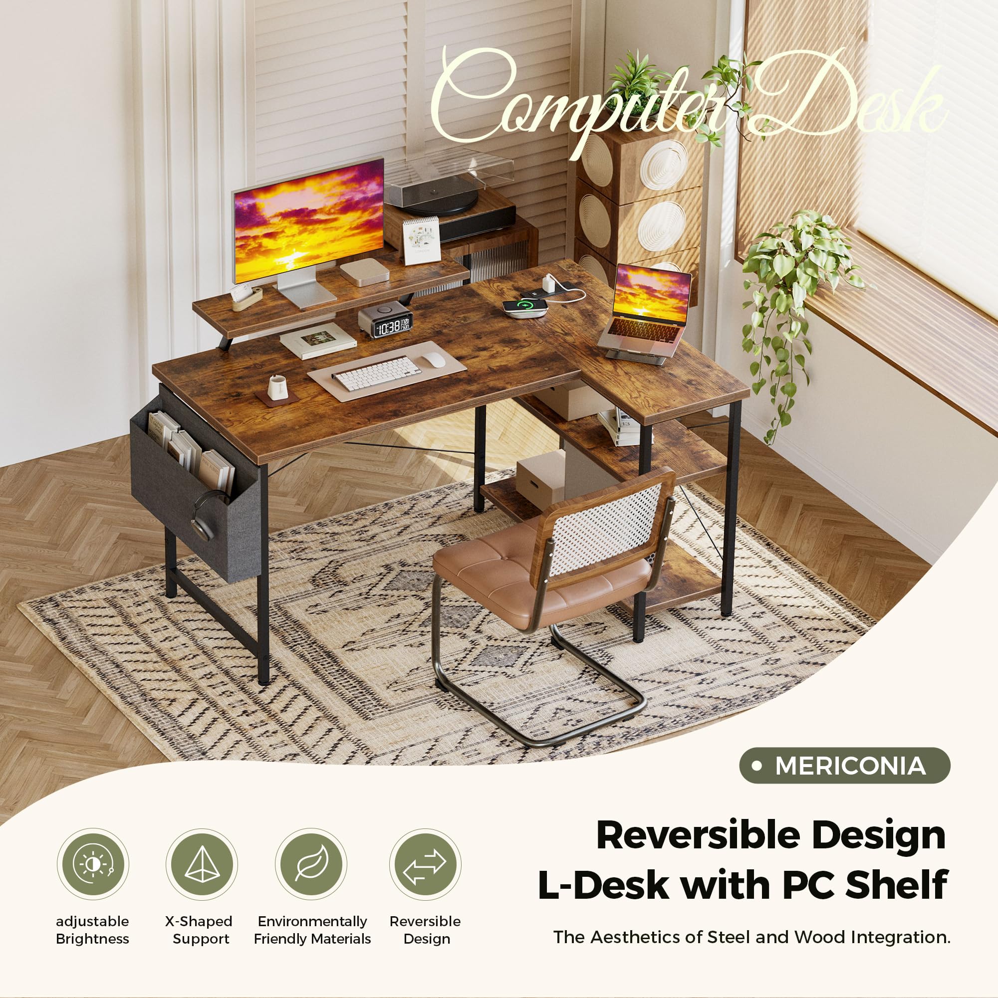 Mericonia Corner Desk, w. Monitorstand & Built-in Socket, 100x70cm, Brown