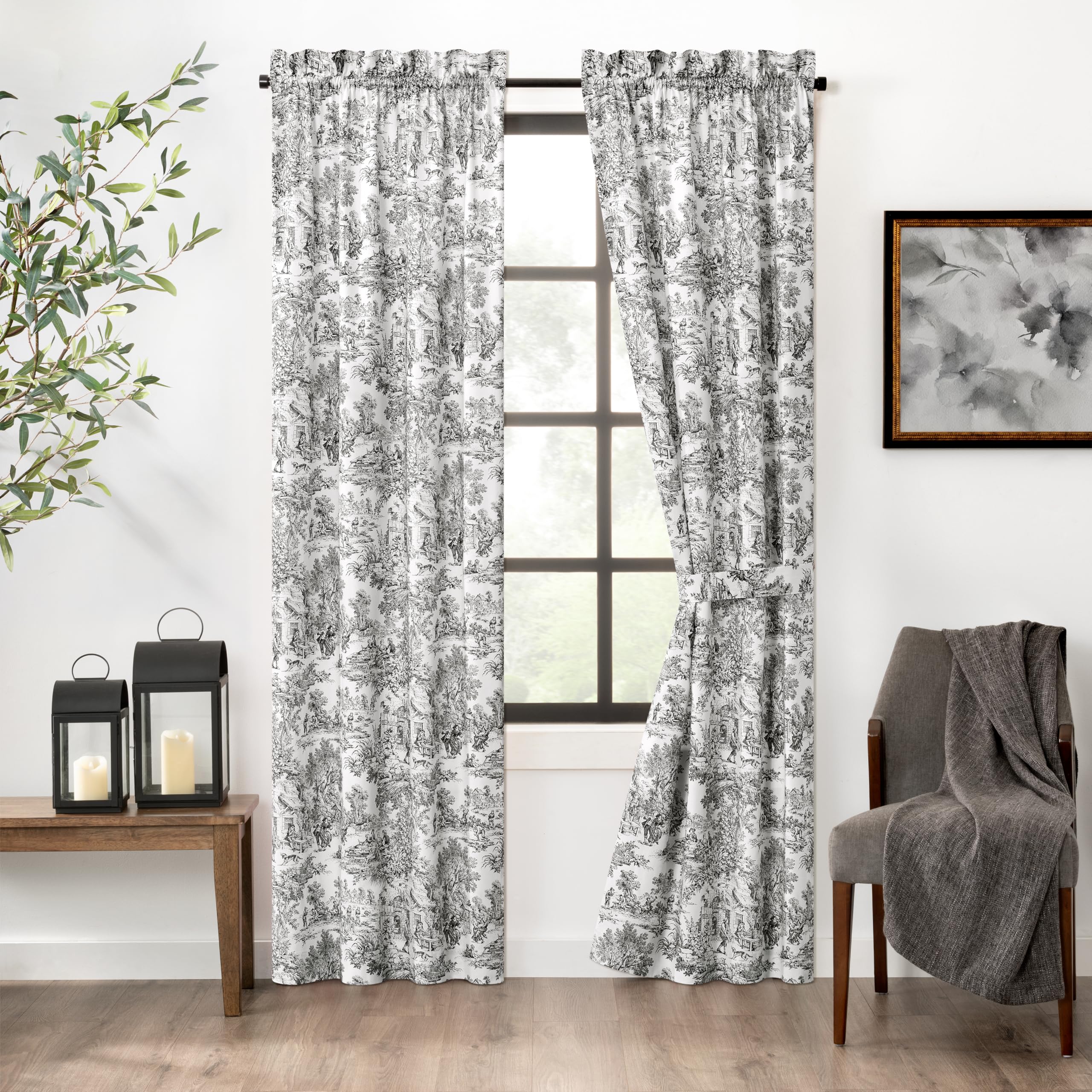 Ellis Curtain Victoria Park Toile 68-Inch-by-54 Inch Tailored Panel Pair with Tiebacks, Black