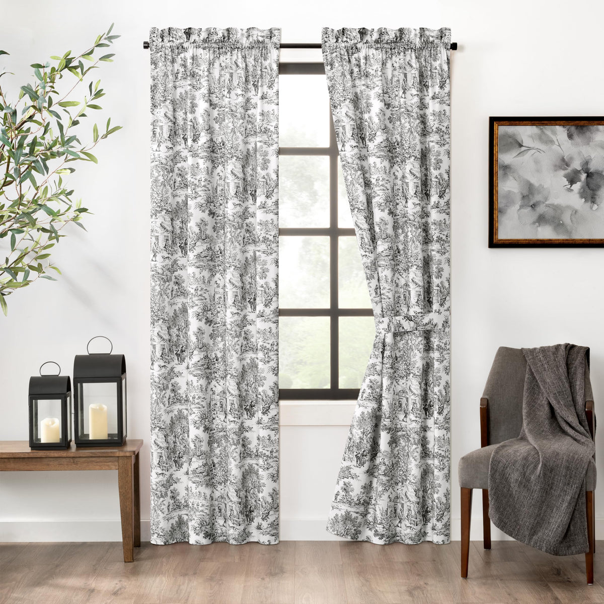 Ellis Curtain Victoria Park Toile 68-Inch-by-72 Inch Tailored Panel Pair with Tiebacks, Black