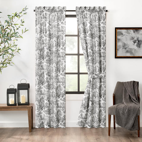 Ellis Curtain Victoria Park Toile 68-Inch-by-54 Inch Tailored Panel Pair with Tiebacks, Black