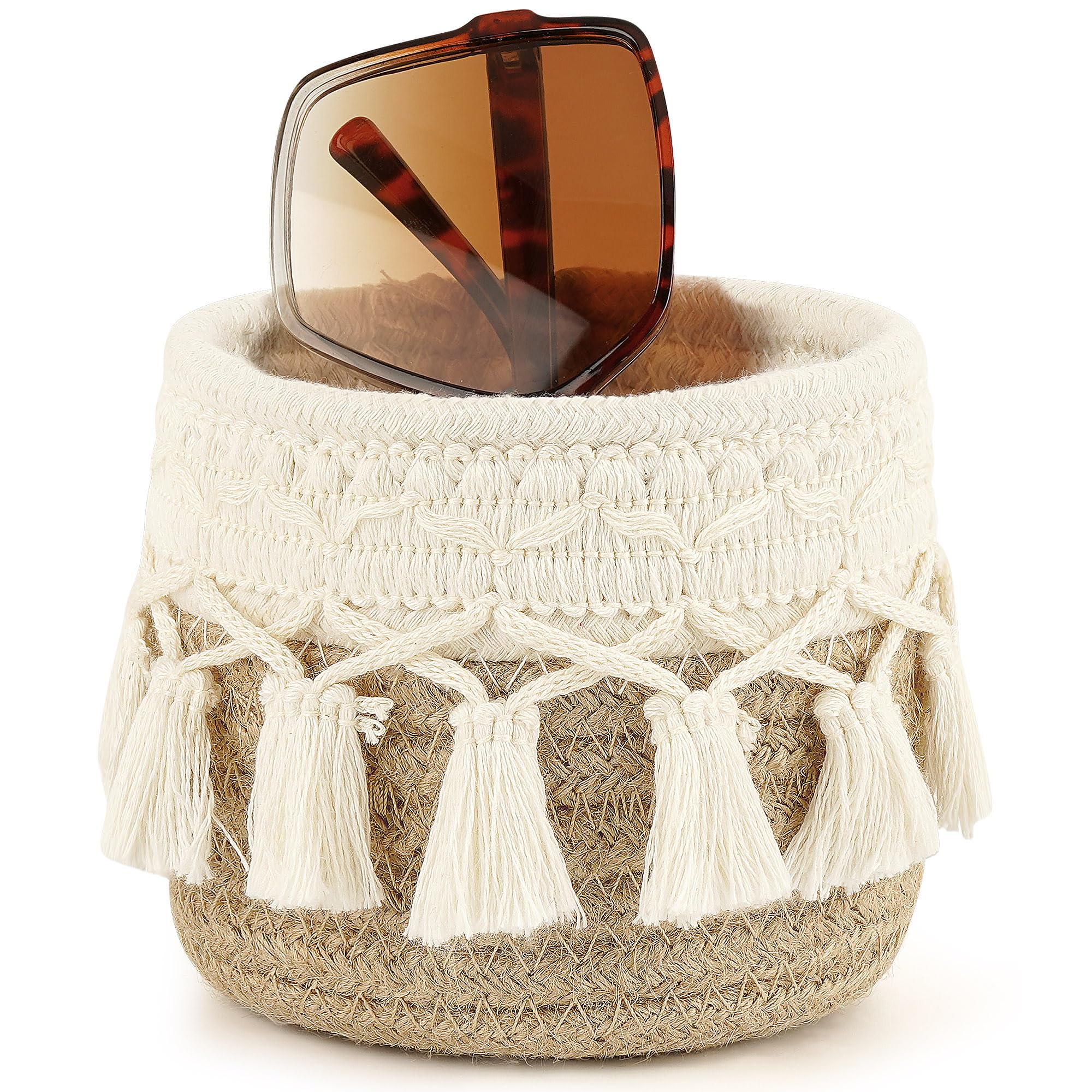Linkidea Extra Large Sunglasses Desk Holder Stand Compatible with Extra Large Glasses, Brown Cotton Rope Eyewear Storage Desk Display Basket