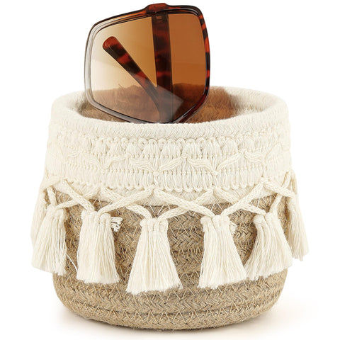 Linkidea Extra Large Sunglasses Desk Holder Stand Compatible with Extra Large Glasses, Brown Cotton Rope Eyewear Storage Desk Display Basket
