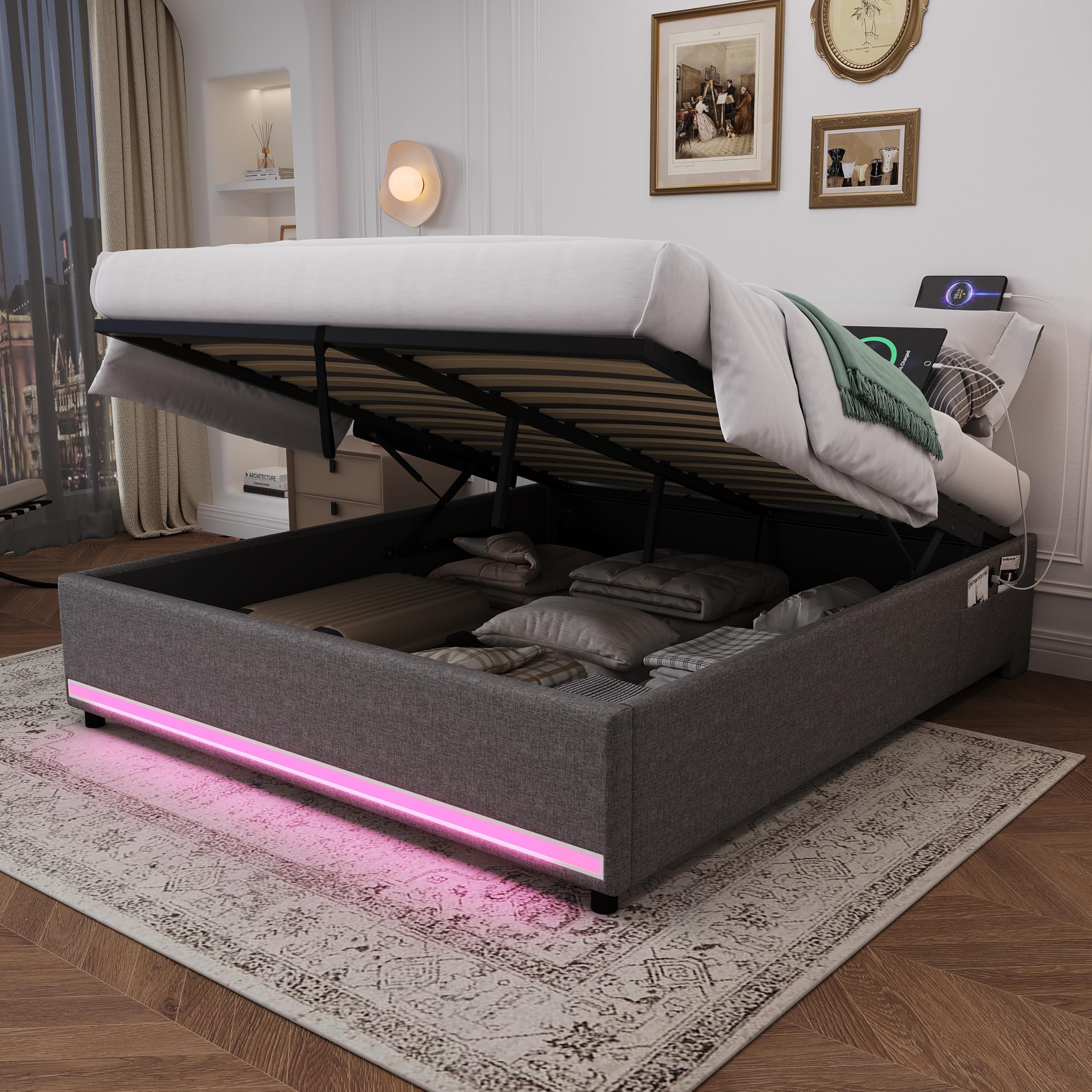 BTM 4ft6 Double Ottoman Storage Bed, No Headboard Linen Bed Frame with LED Lights, Charging, Side Pockets, Grey (No Mattress)