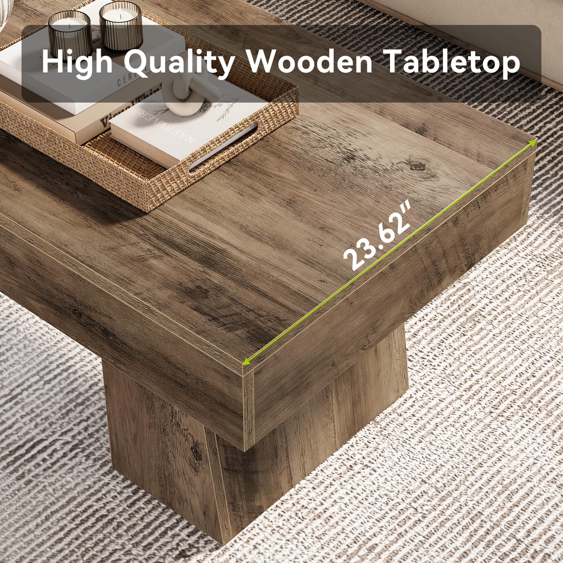 LITTLE TREE Farmhouse Coffee Table, 47 Inches Wooden Rectangular Accent Center Tables with Thick Base