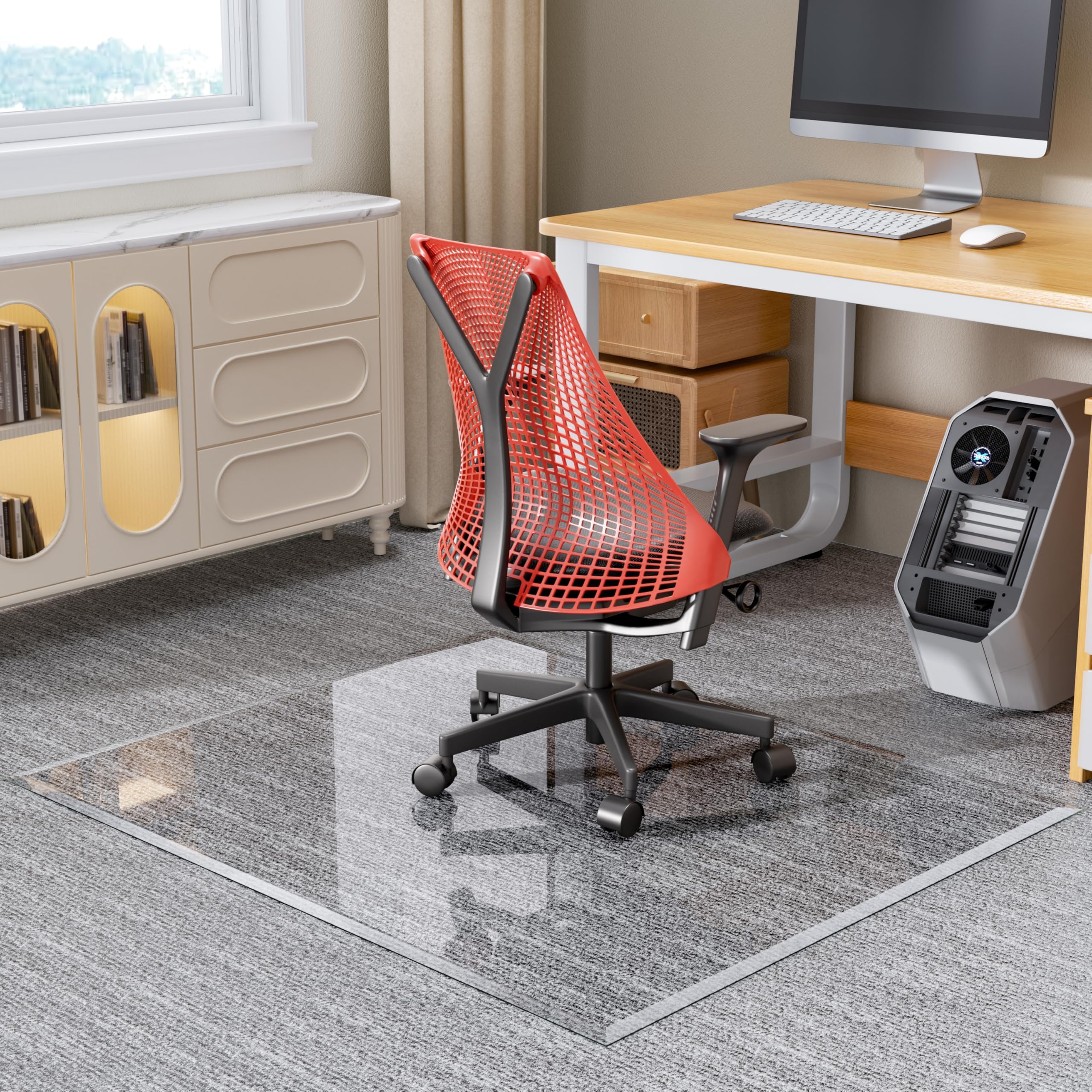 [Tempered Glass] 140 x 116cm Beveled Edge Glass Chair Mat with Polished Edge Clear Office Chair Mat, Glides Smoothly