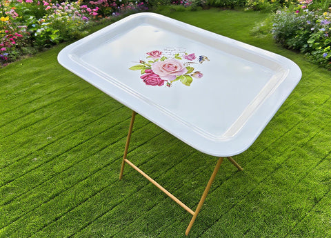 Ruweistar Portable Folding TV Tray Table with Floral Design, Grey Metal Frame, Side Table for Sofa (white)