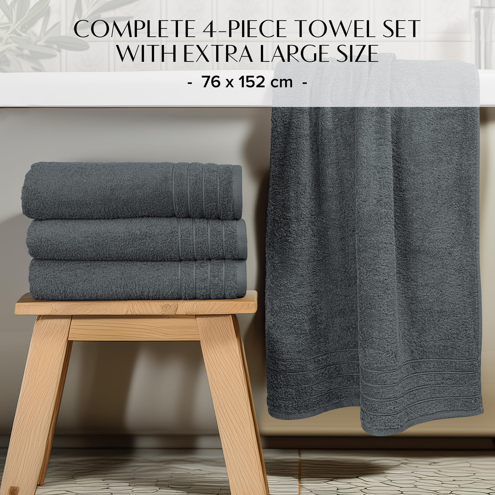 100% Cotton Extra Large Bath Towels Set of 4 (76x152cm) Dark Grey - 450 GSM