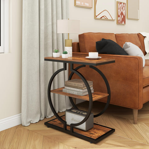Trironsun Narrow End Table 3-Tier Round Side Table with Geometric O-Shaped Base Industrial Small Sofa Table for Living Room Slim Bedside Table