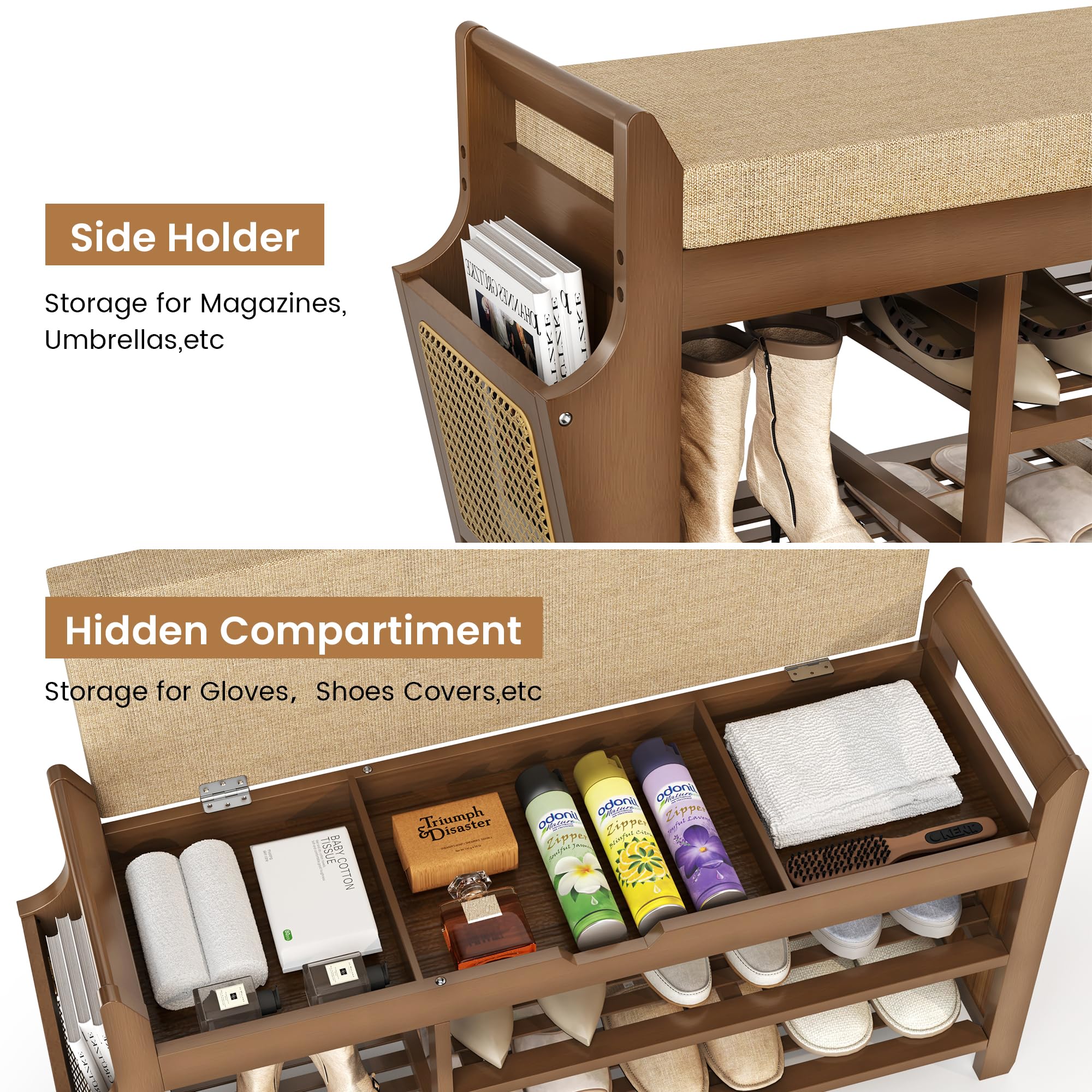 Pamapic Shoe Storage Bench, Bamboo Shoe Bench with Padded Seat, Shoe Storage Cabinet with 3 Compartments, Hidden Storage, Shelf for Entryway