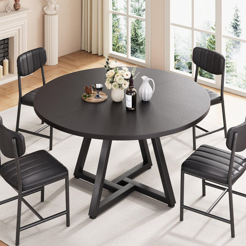 Jocoevol Round Kitchen Dining Table for 4 People, Circle Dinner Table with Metal Frame, Space Saving Wood Industrial Furniture (Black, 47 inch