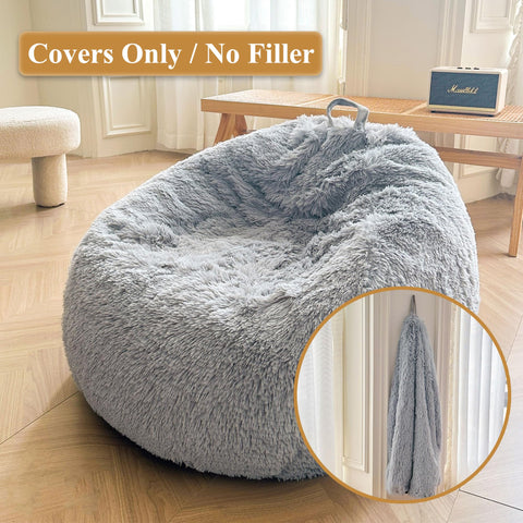 XeGe Faux Fur Stuffed Animal Storage Bean Bag Cover(No Filler), Light Grey