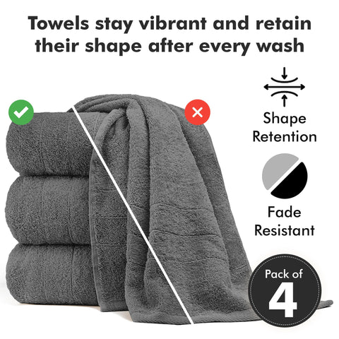 Novo Home Bath Towels Set of 4 – 550 GSM 100% Cotton Dark Grey Extra Large Towels for Bathroom, Spa Use (70x140 cm)