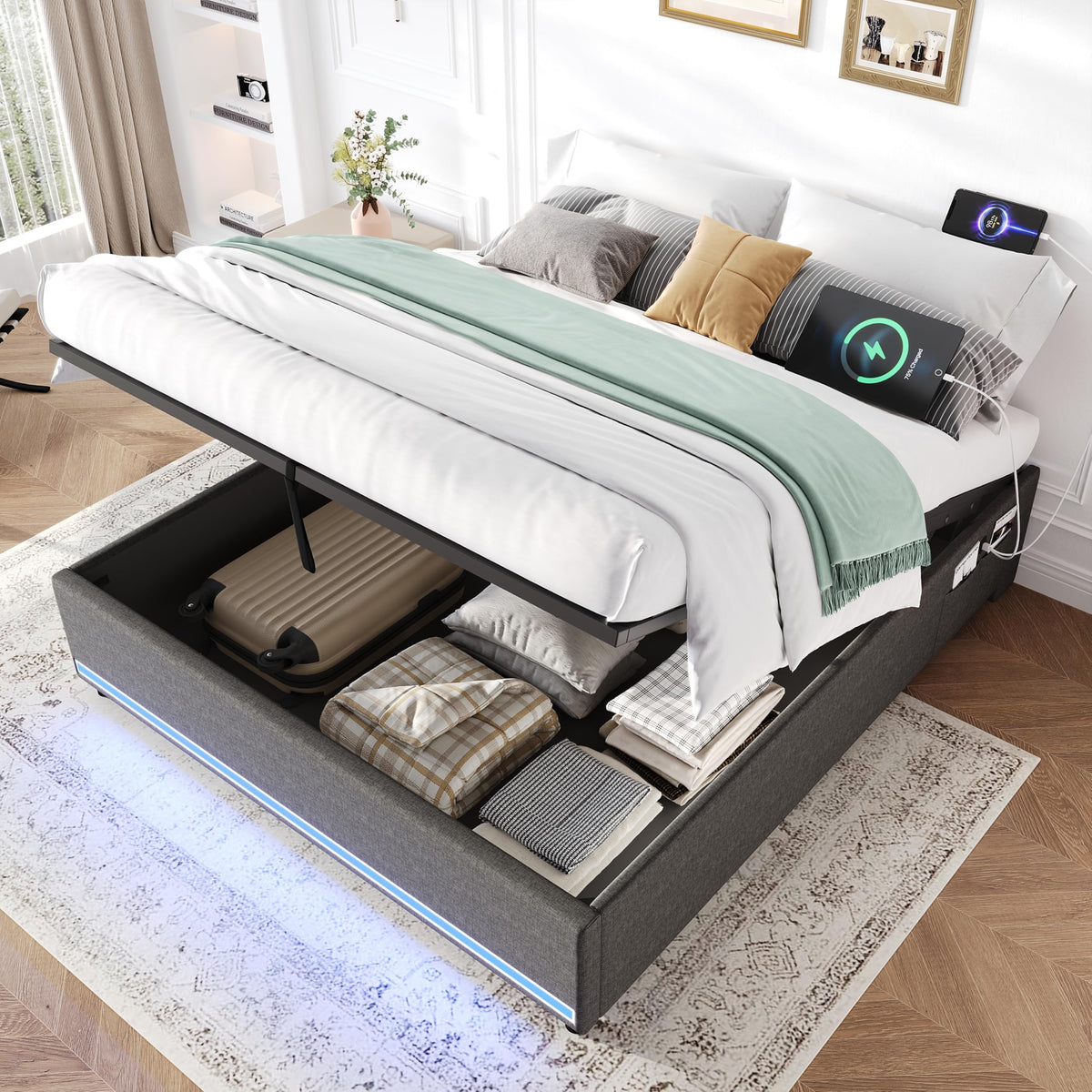 BTM 4ft6 Double Ottoman Storage Bed, No Headboard Linen Bed Frame with LED Lights, Charging, Side Pockets, Grey (No Mattress)