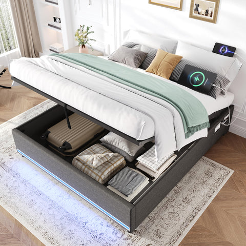 BTM 4ft6 Double Ottoman Storage Bed, No Headboard Linen Bed Frame with LED Lights, Charging, Side Pockets, Grey (No Mattress)