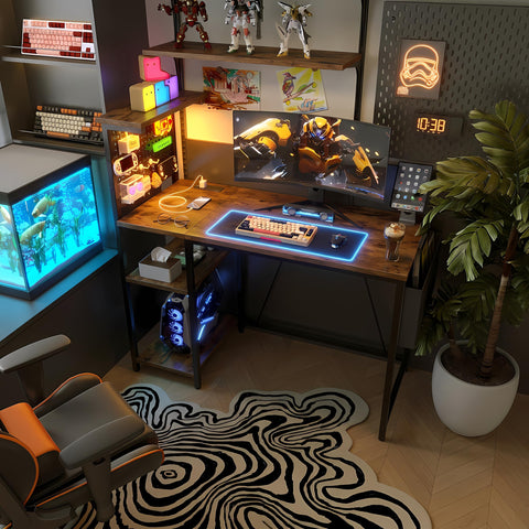 Xyphren Gaming Desk with Pegboard & Power Outlet & LED Light, Small Computer Desk with Reversible Shelves for Corner Home Office Desk, 100 * 50cm