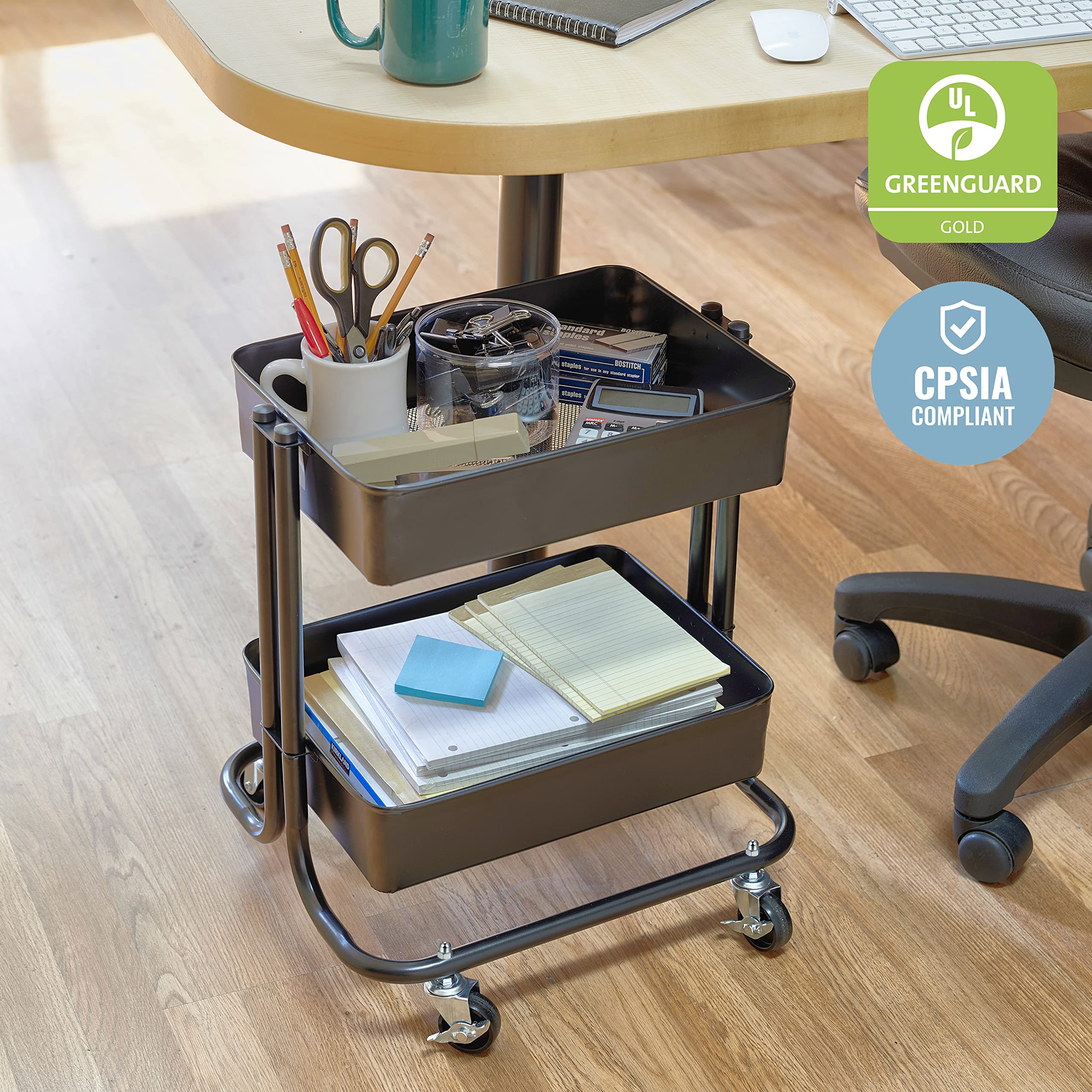 ECR4Kids 2-Tier Metal Rolling Utility Cart - Under Desk Office Storage, Multipurpose Mobile Organizer, Black