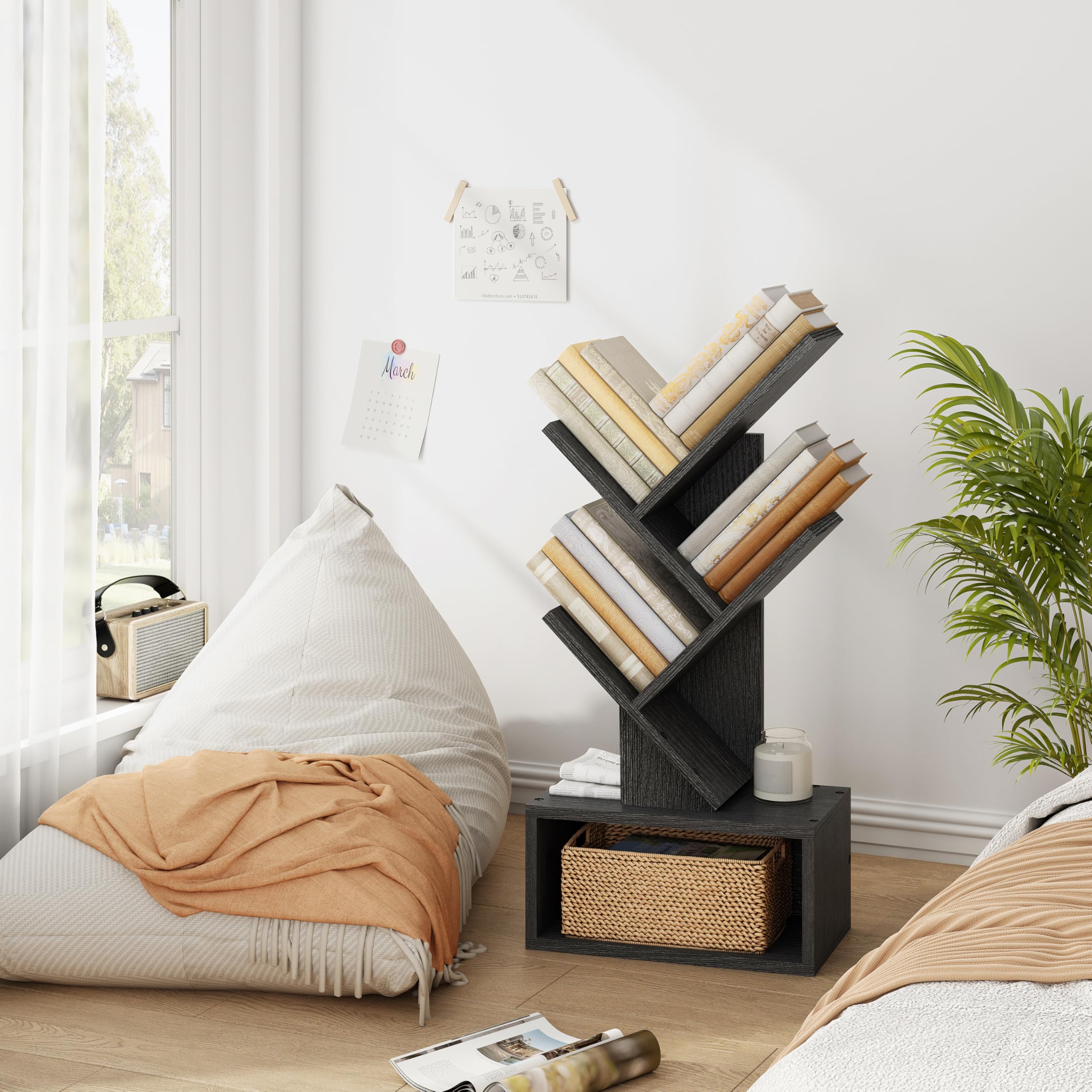 Hoctieon 4 Tier Tree Bookshelf, Tall Bookcase with Drawer, Wood Book Shelf, Modern Floor Standing Bookshelves, Book Organizer Shelves for Bedroom