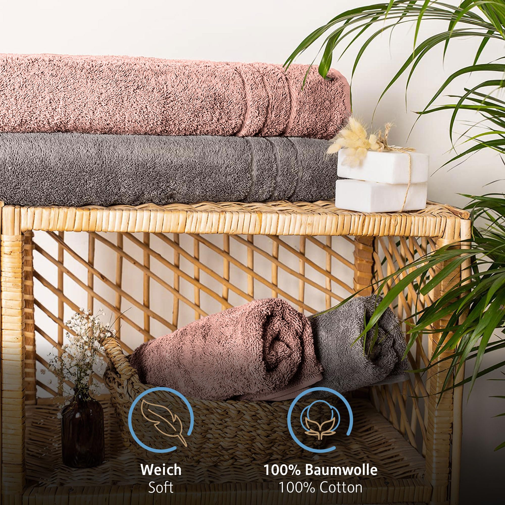 Komfortec Bath Towels, 100% Cotton, Quick Dry, 70x200, Grey & Pink