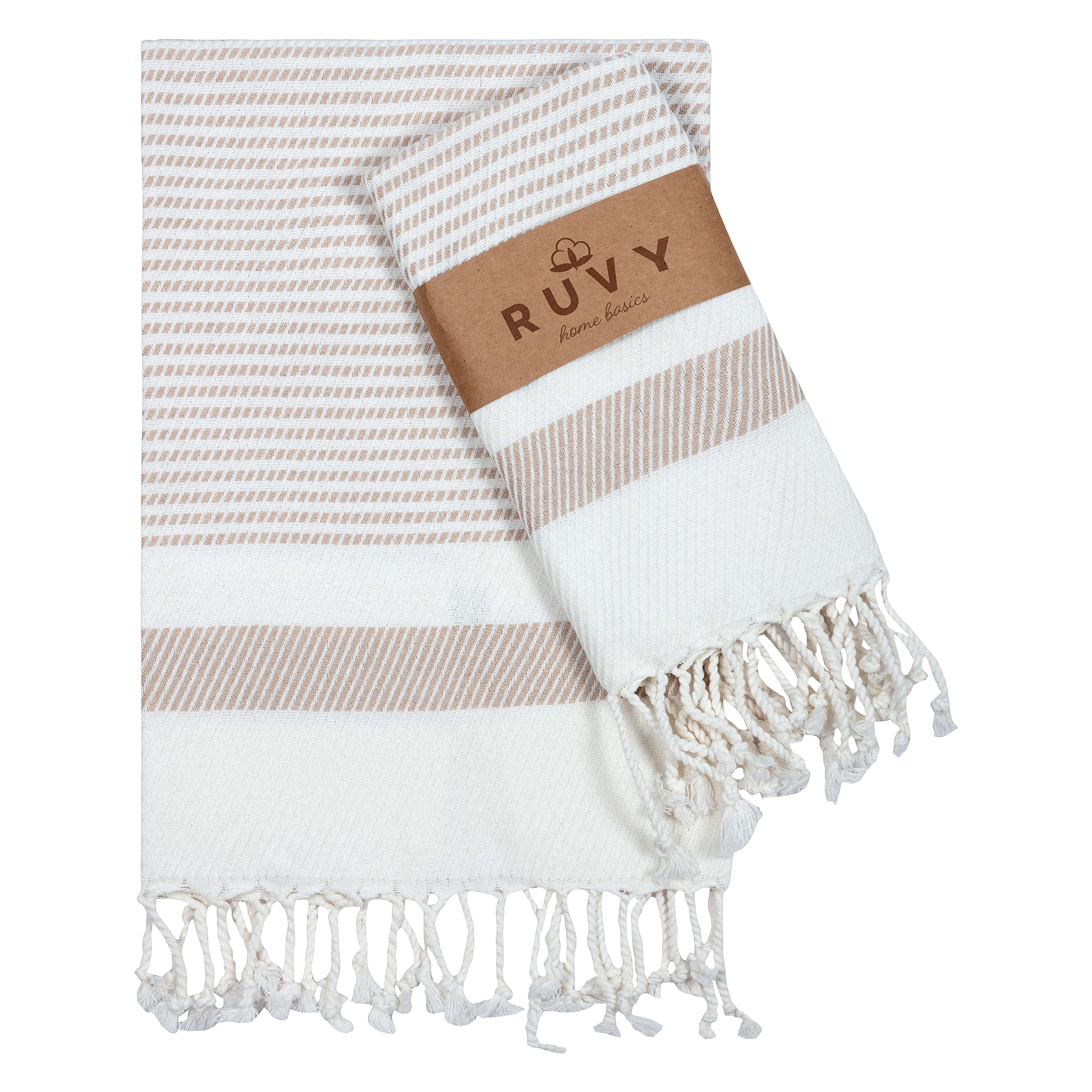 Ruvy Home Basics Turkish Hand Towels Set of 2 | 16x40 inches, 100% Turkish Cotton | Bathroom, Kitchen, Yoga, Gym, Spa, Tea, Dishcloth, Face - Beige