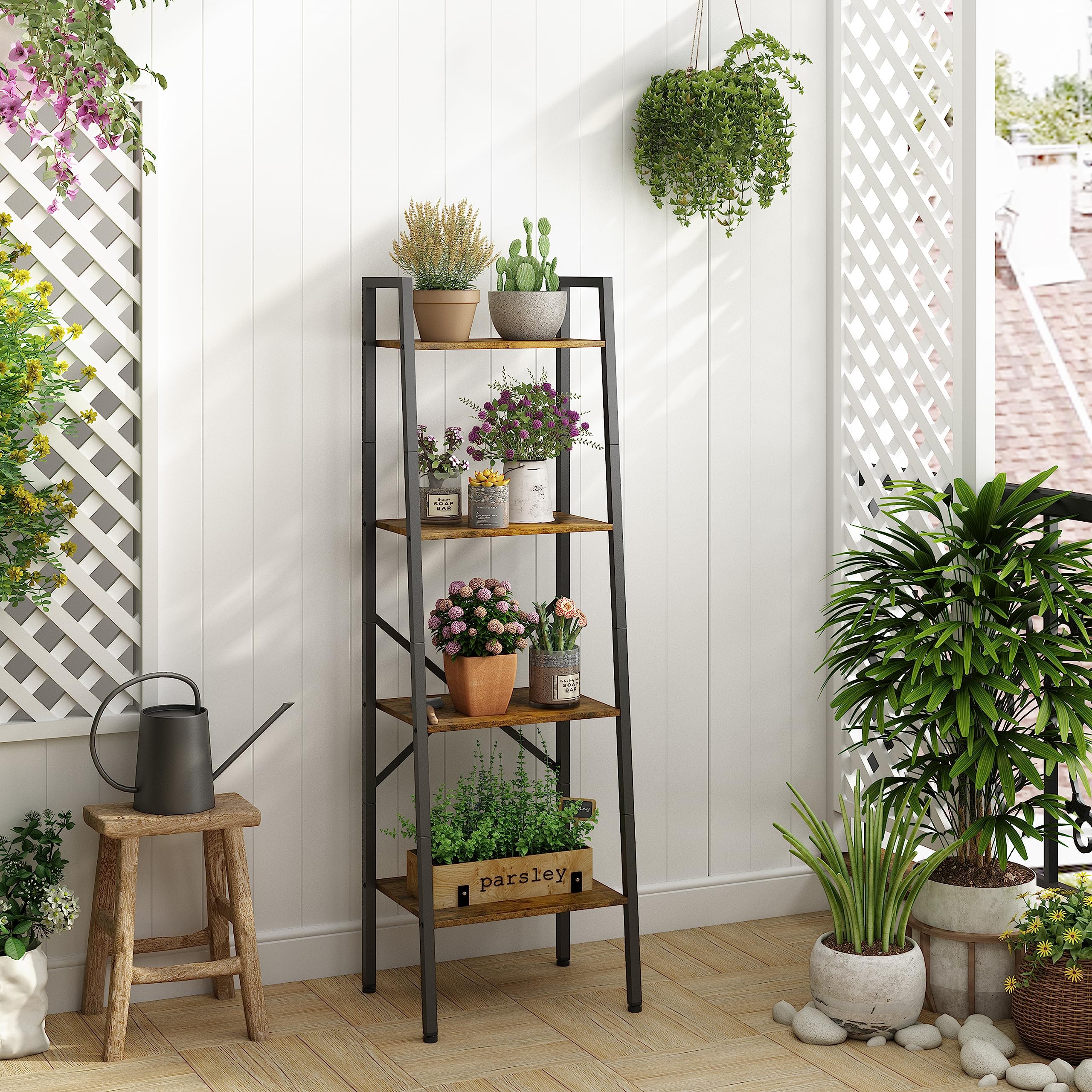 Hoctieon 4-Tier Industrial Ladder Bookshelf, Narrow Ladder Shelf, Tall Standing Bookshelf, Skinny Open Ladder Shelf, for Living Room, Home Office