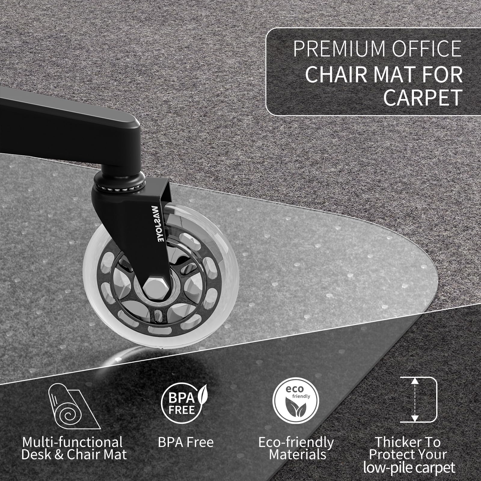 WASJOYE Office Chair Mat Carpet 90x120 cm Carpet Protector Non-slip PVC, Home Office Chair Floor Protectors, 2.2mm Thick