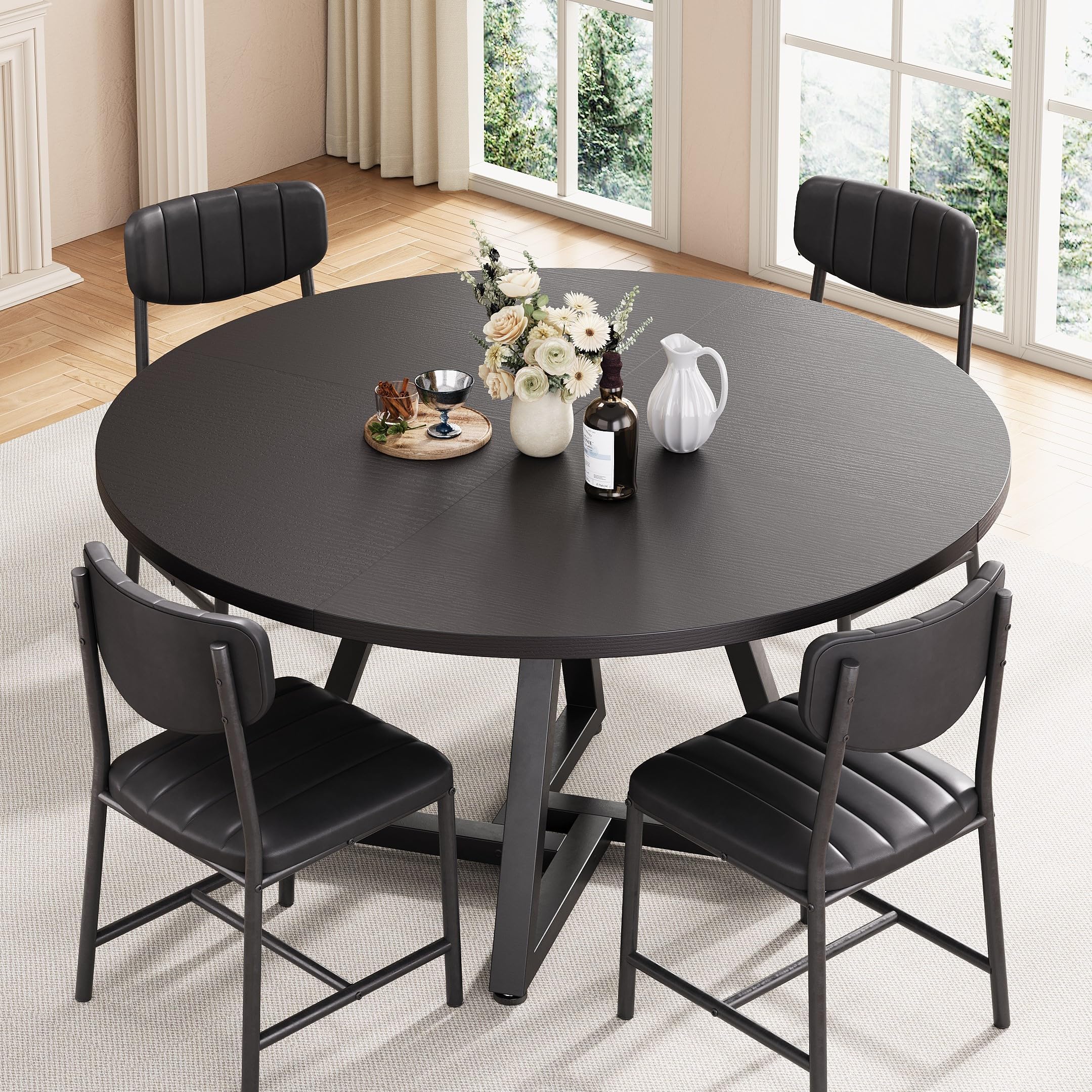 Jocoevol Round Kitchen Dining Table for 4 People, Circle Dinner Table with Metal Frame, Space Saving Wood Industrial Furniture (Black, 47 inch