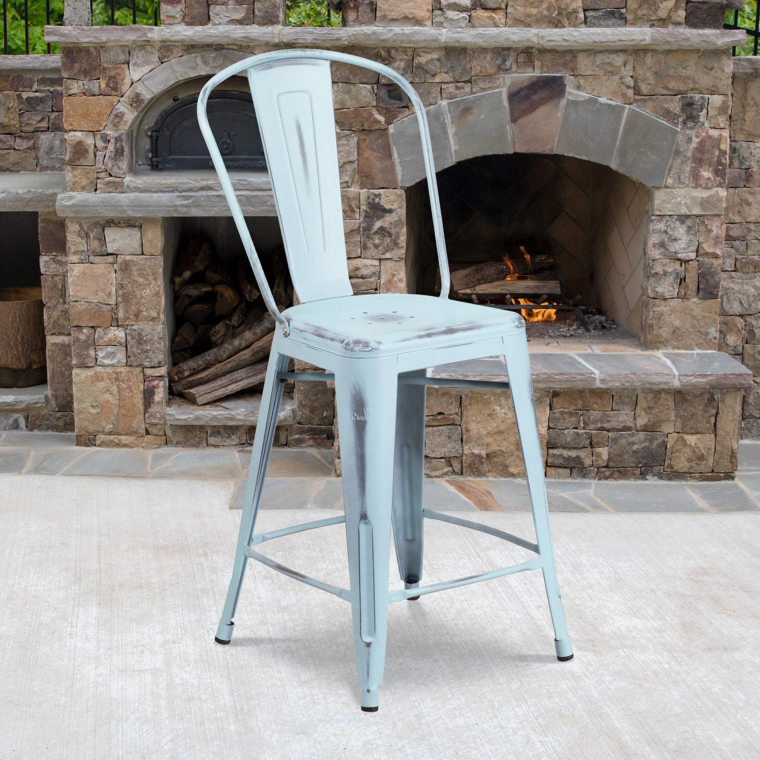 Flash Furniture Blake Commercial Grade 4 Pack 24" High Distressed Green-Blue Metal Indoor-Outdoor Counter Height Stool with Back