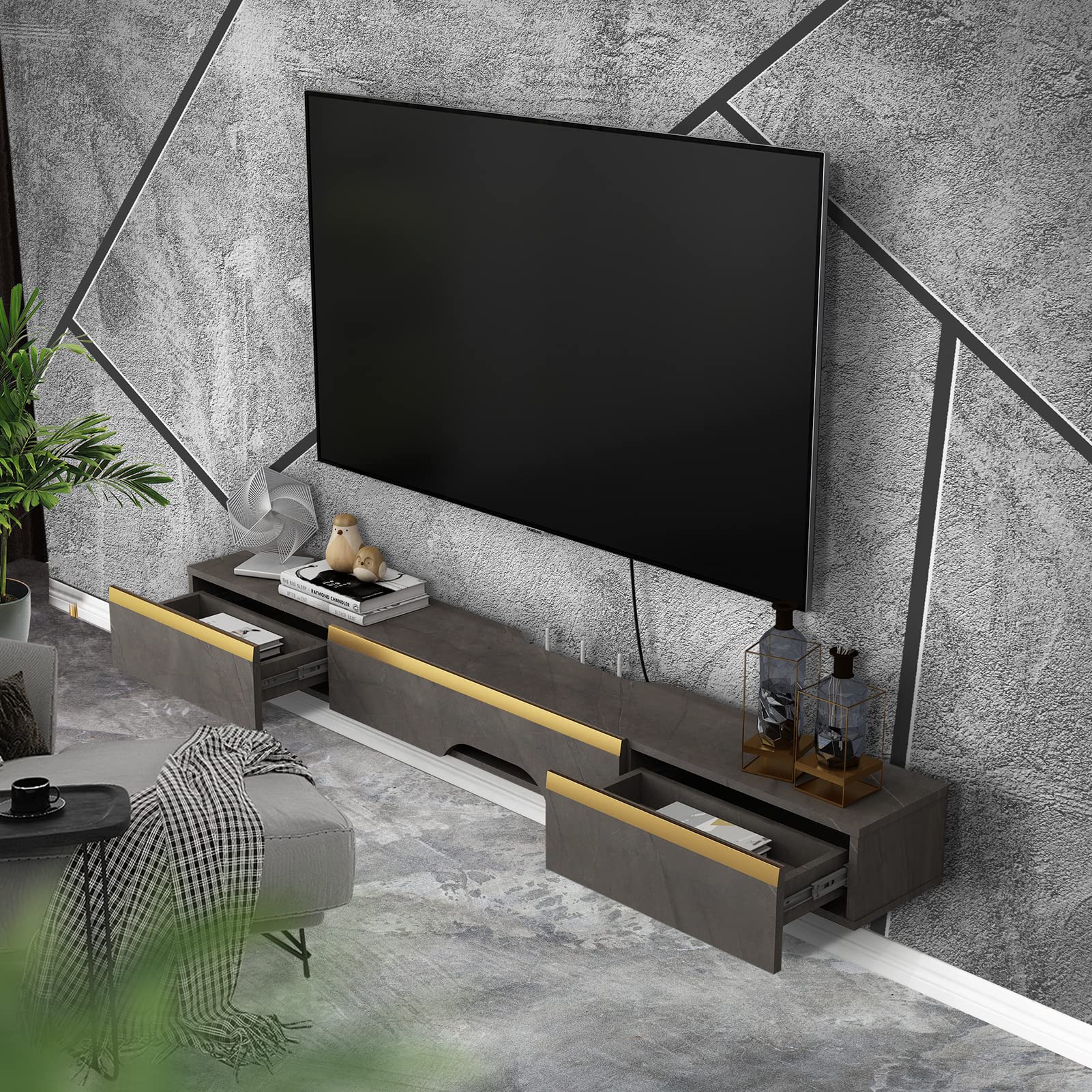 Pmnianhua Floating TV Stand, Wall Mounted TV Cabinet, Floating Shelves with 2 Drawers and 1 Door
