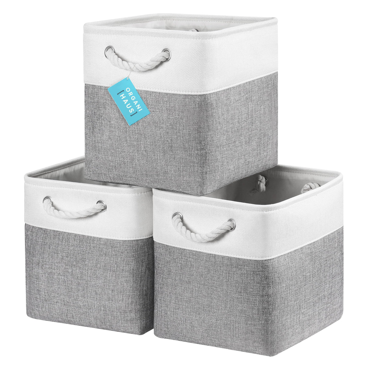 OrganiHaus Fabric Storage Boxes, Set of 3 Foldable 28x28 Cube Organiser Bins with Rope Handles for Shelves, Nursery & Closet