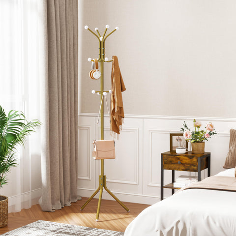 Hoctieon Freestanding Coat Hanger Stand with 12 Hooks, Entryway Hall Tree, Floor Standing Coat Rack, Gold