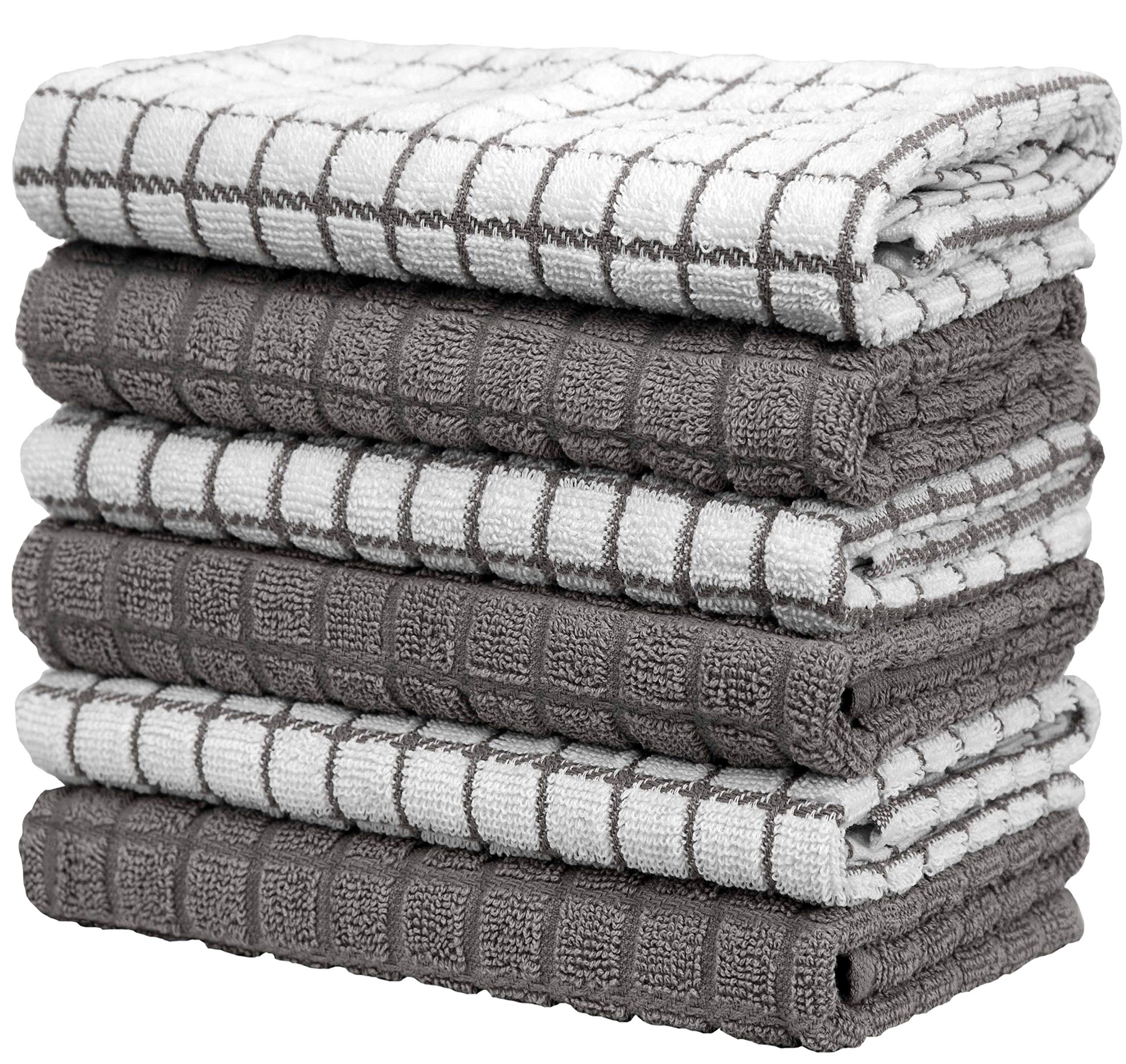 Bumble Kitchen Towels 16"x 28" | Highly Absorbent Dish Towels with Hanging Loop | Natural Ring Spun Cotton, 380 GSM | Gray Check Design - 6 Pack