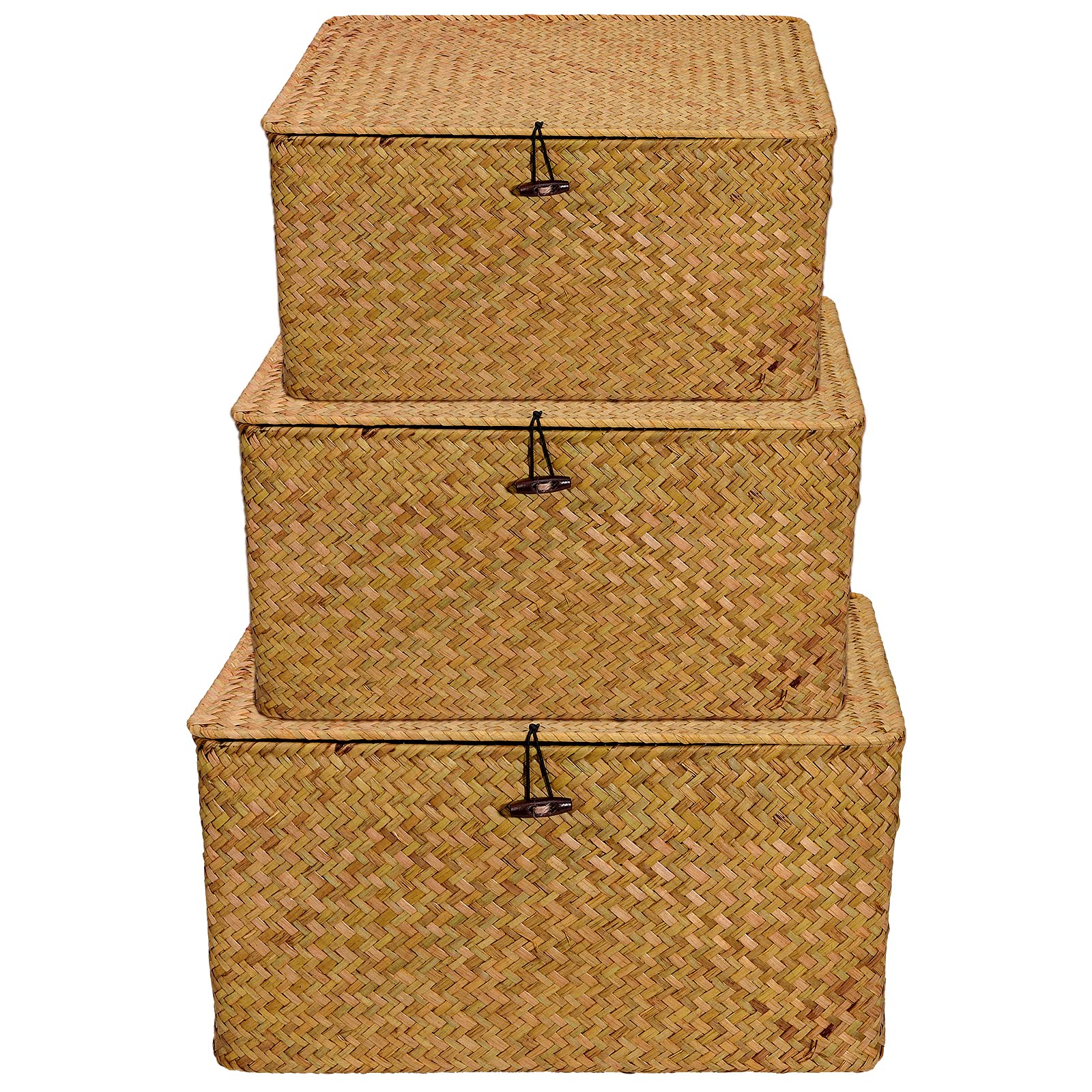 Set of 3 Seagrass Rattan Boxes with Lid, Rectangular Woven Storage Hamper