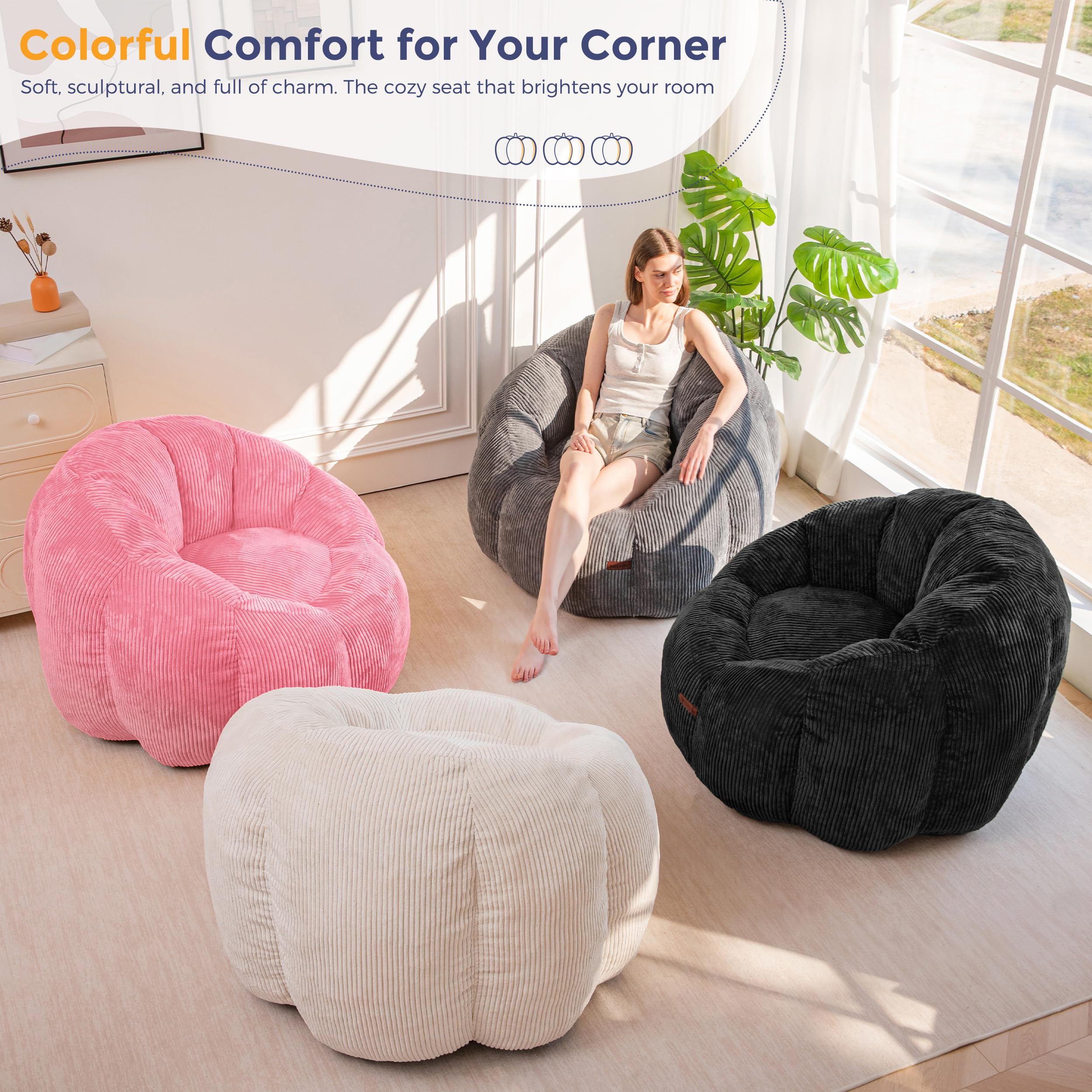 MAXYOYO Bean Bag Chair,Pumpkin Shaped Bean Bag Sofa Includes Filling,Comfy Corduroy Beanbag Sofa for Living Room Bedroom
