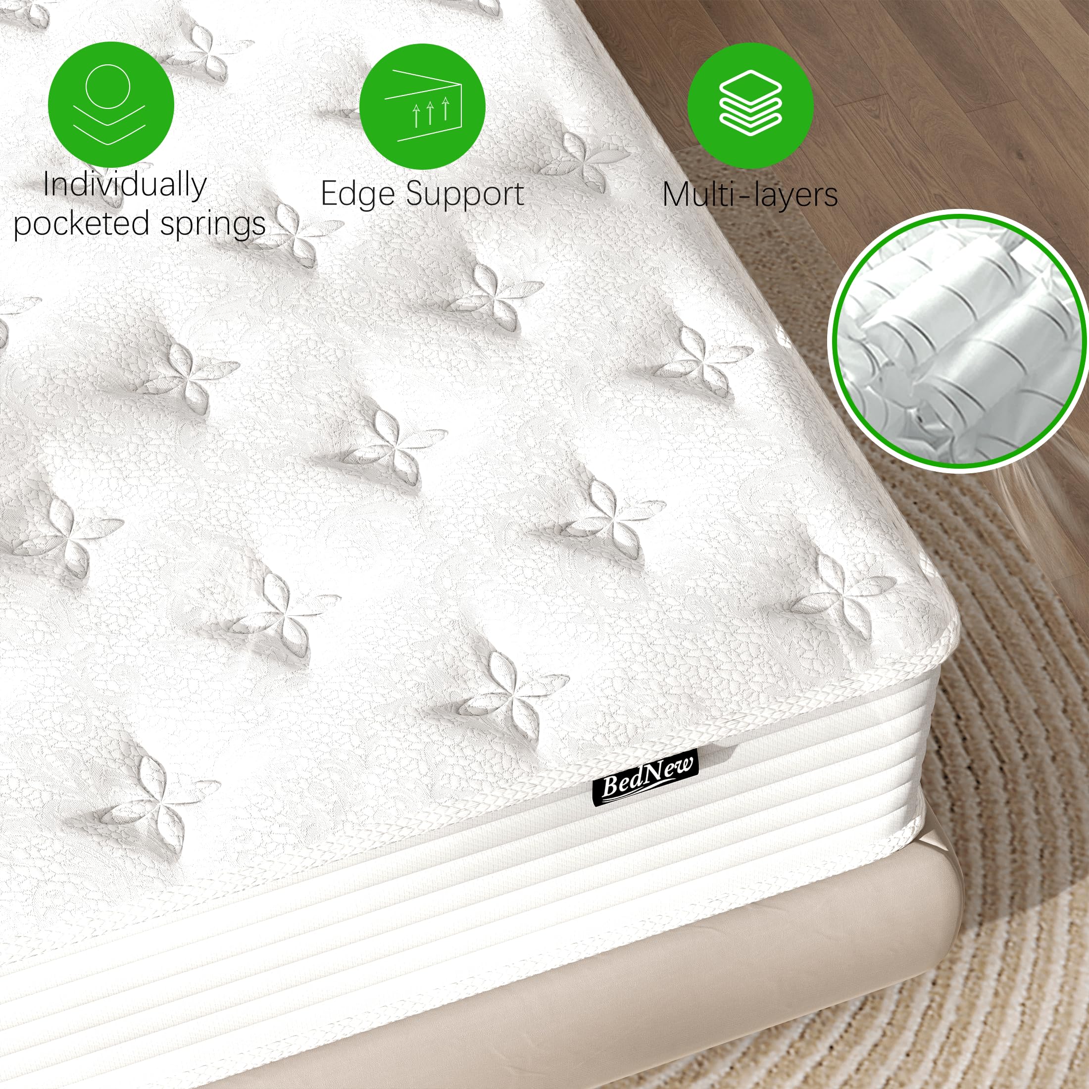 Bednew 12 Inch Single Mattress, 30cm Hybrid Pocket Spring Mattress with Breathable Cool Foam, Medium Firm Support - 3FT Small Single (90x190x30cm)