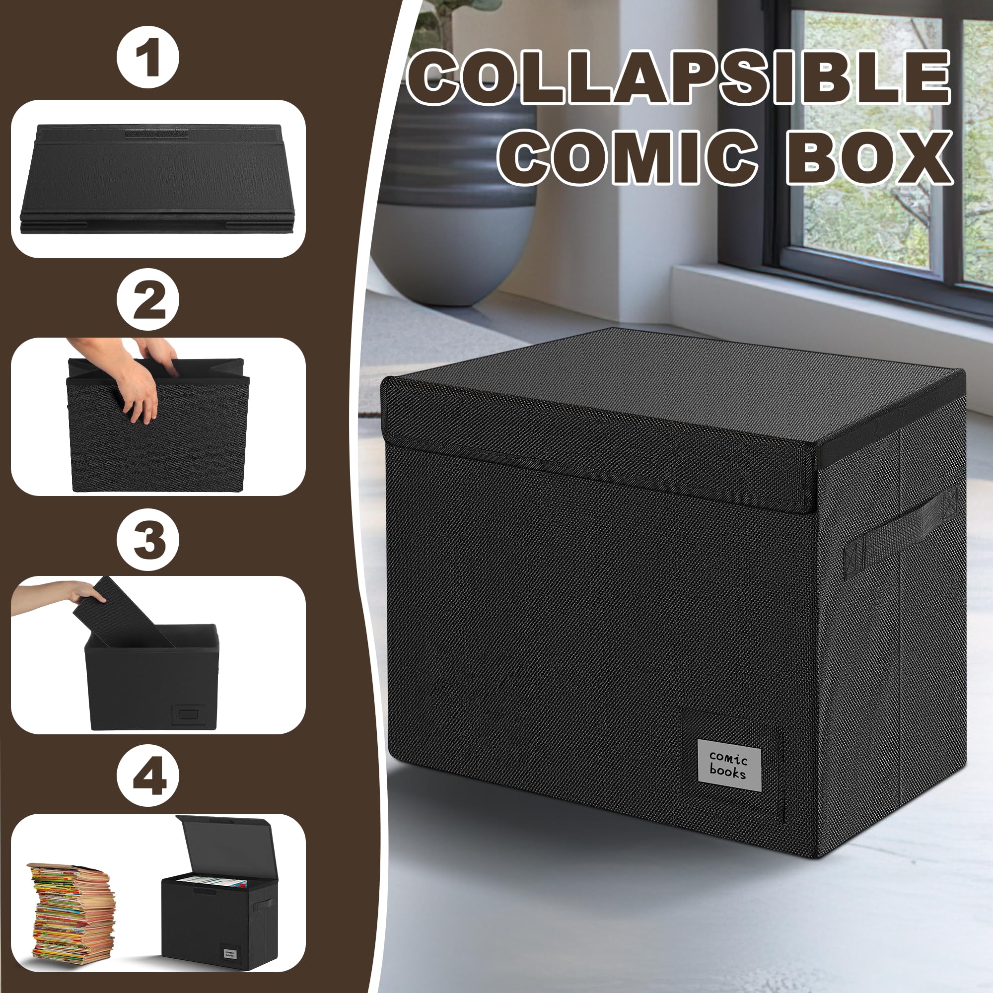 Leffis 3 Pack Comic Book Storage, Comic Book Box 15.5" X 7.5" X 11.3", Collapsible Comic Short Box with Lids Holds 150 Comics Heavy Duty Comic Book